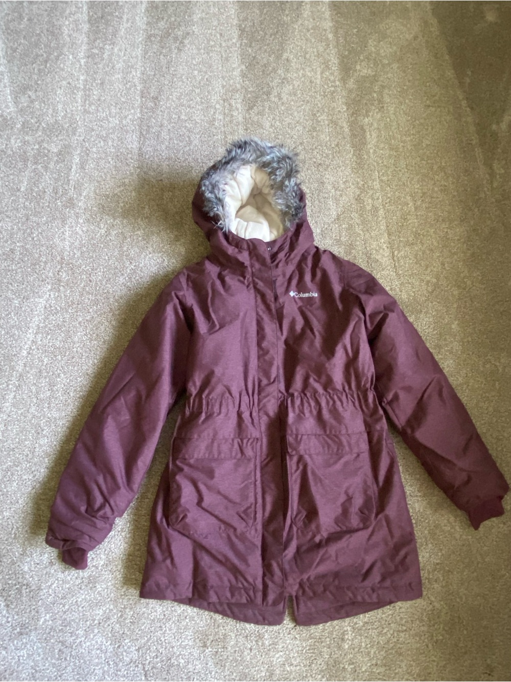 Columbia Omni heat Women’s Maroon Hooded Puffer Coat with Faux-Fur Trim